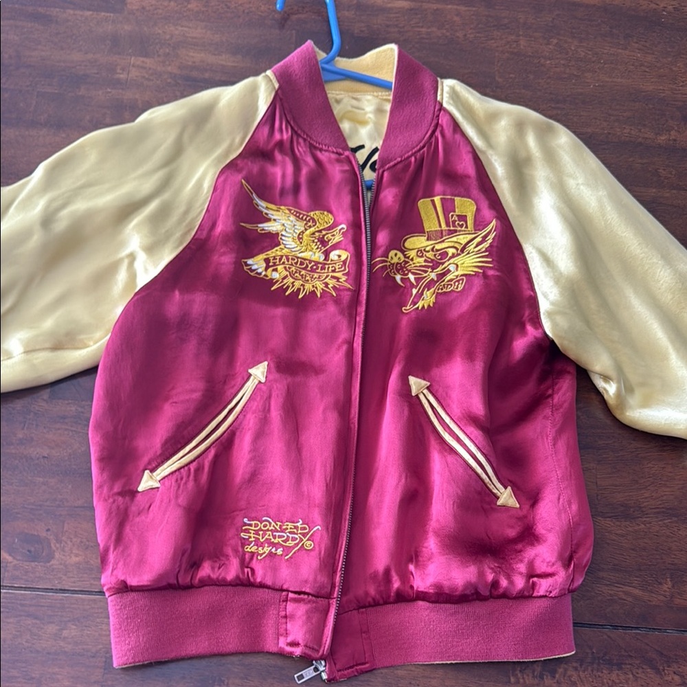 Ed Hardy Red and Gold Varsity Jacket with Asian-Inspired Embroidery